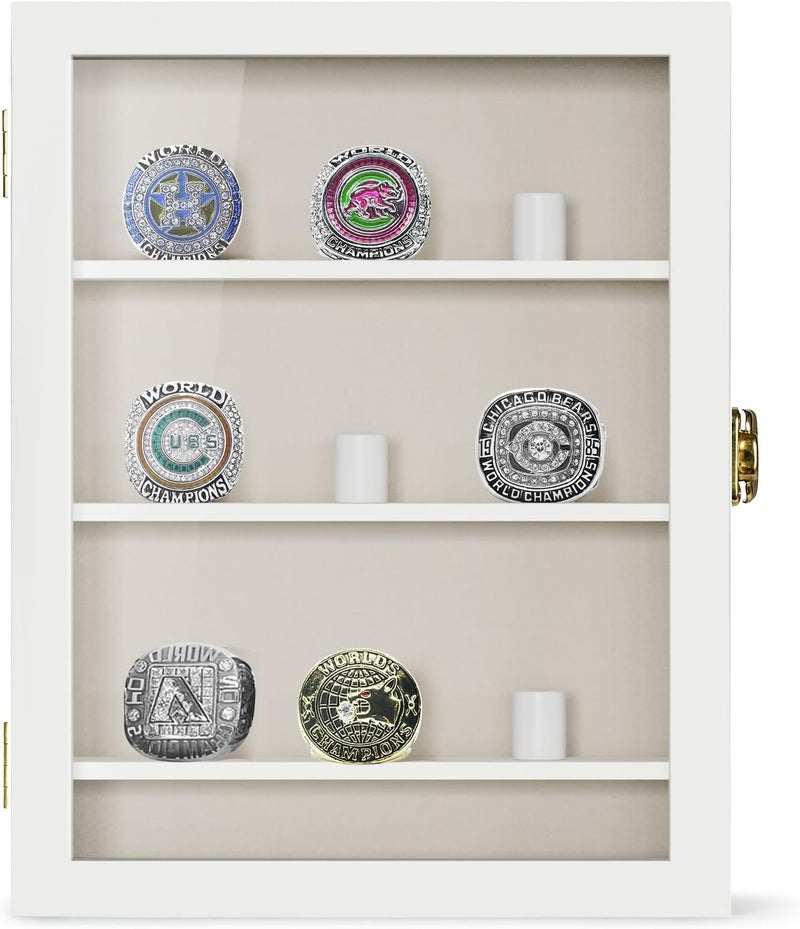 TJMOREE Championship Ring Display Case, 9 Ring Posts Baseball Ring Display Case, 8 x 10 Wall Mount Wooden Glass Shadow Box with Locks to Show Sport, Class, Fraternity, and Award Rings - White - Image 2